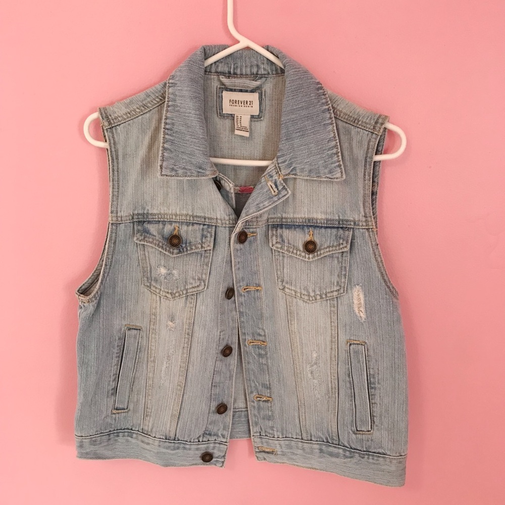 Forever 21 Light Blue Sand Wash Ripped Denim Vest
